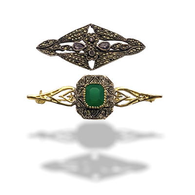 Vintage Brooches DeStash lot of two sterling Brooches - bar/collar style w/cristals, amethyst and marcasite - Art.520/5