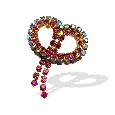 Gorgeous vibrant Heart Brooch w/ dangling fringe in pink and AB rhinestones - romantic shape and great sparks -Art.431/5
