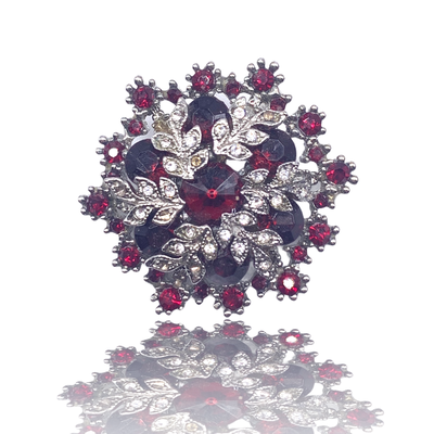 Very nice red and clear rhinestones brooch - layered design with florets and branches - Art.184/6