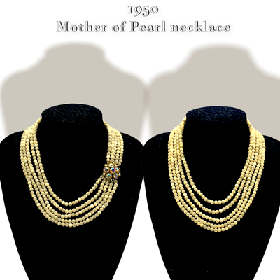 Shimmering Mother of Pearl MOP Beaded 5 strands Necklace w/AB jeweled flower clasp -- Art.09/6