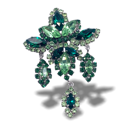 Vintage Shades of Green Rhinestone drop dangle Brooch-foliage design brooch,peridot chatons color,with greens of emerald & apple-Art.444/4-SOLD
