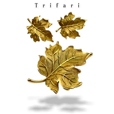 Crown Trifari Leaf brooch and earrings set, gold tone leaf with textured raised veins and edges and a textured leaf surface- art.578/6