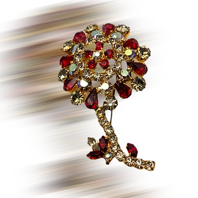 Vintage red ruby & black diamond Rhinestone Long Stemmed Flower Pin - brilliant flower w/ strong sparks - Art.503/5