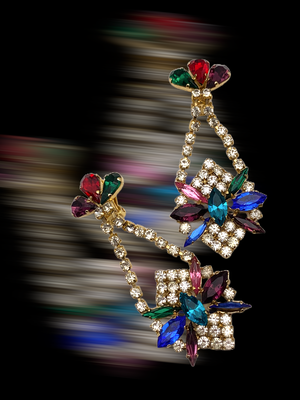 Glamorous Red Carpet mixed colored rhinestones long Chandelier - bright Gold tone Boho style Earrings - art.443/5