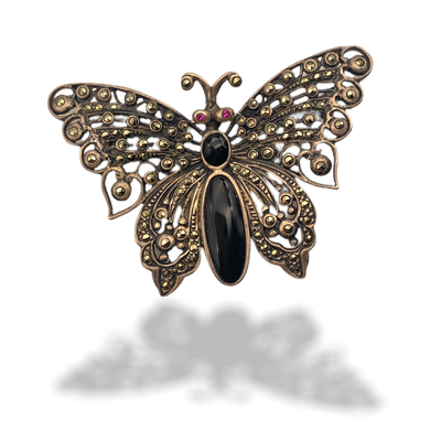 Elaborate 925 sterling figural butterfly brooch lovely design w/marcasite, garnet eyes and black onyx body - Thailand signed- Art.473/5