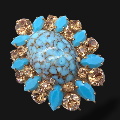 beautiful early 1950s Vintage European Faux Turquoise and Rhinestone  Brooch  -Art.25/4-