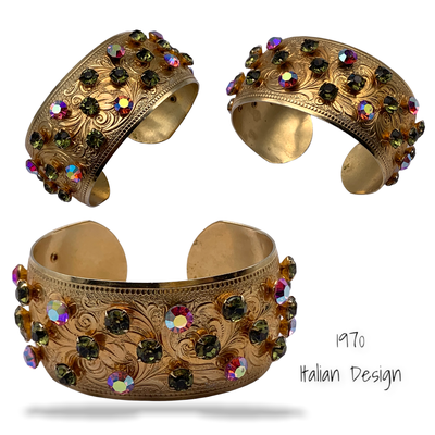 Stunning Runway cuff Bracelet whit pastel chatons in peridot green and borealis pink riveted on exquisite friezes pattern -Art.844/5