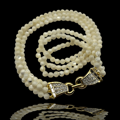 Fabulous triple strand necklace of fine lustrous mother of pearl (MOP) round beads - large jeweled clasp -- Art.413/6