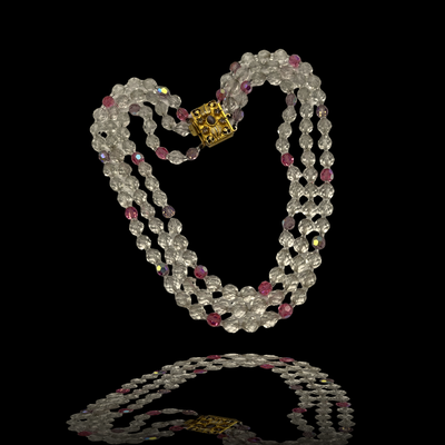 Awesome Vintage 3 Strand Baby Pink/Lilac AB Crystal Bead Necklace with jeweled clasp - Art.458/6