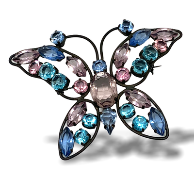 Gorgeous Vibrant pastel sparkle butterfly brooch - ancient 20s collectible brooch with gun finish and unfoiled stones - Art.805/4