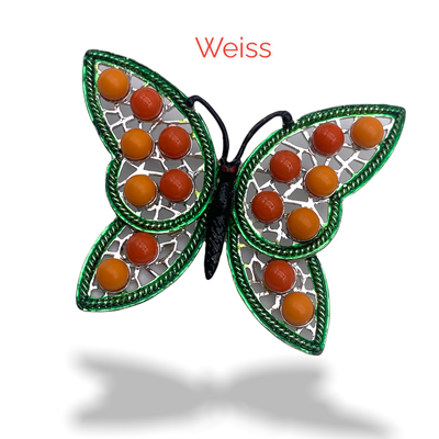 Rare 1950's Vintage Signed WEISS Vibrant Hippie Colors Butterfly Pin - orange/tangerine beads and green enamel - Art.762/4