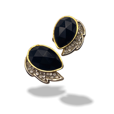 1970s amazing italian couture earrings, large black oval stone and bright clear rhinestones  -Art.177/4-