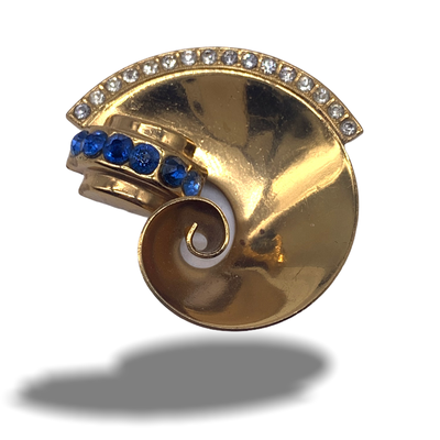 Glossy Art Deco Swirl geometrical Brooch - bright Gold mirror finish accentuated by Diamond Rhinestone an Blue Chaton--298/6
