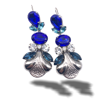 Stunning long Earrings 1970s vintage - blue palette and silver tone - for pierced ears - very good quality - Art.352/6