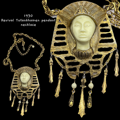 1930s Revival Tutankhamun Tut Egypt Pharaohs Necklaces Pendants - Imposing Antique Jewel w/Pharaoh face and twisted chain--Art.409/6
