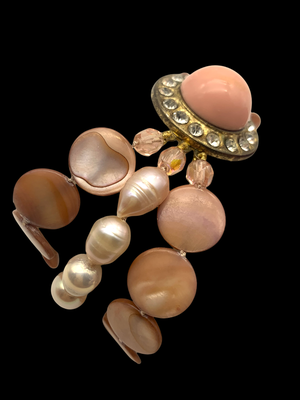 1960s Alluring 3 strand real baroque pearls and mother of pearl coin bracelet -fabulous clasp with simulated pink coral cab - art.78/4