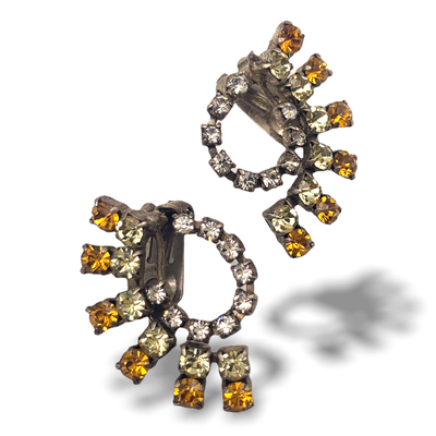 1950s Vintage sparkling pale yellow and amber rhinestones clip Earrings-silver & imaginative shape with very nice stones - Art.682