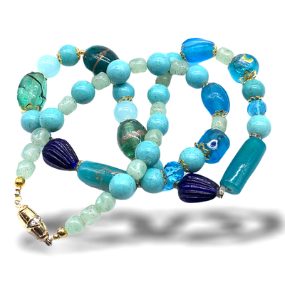 Venetian mixed shaped and color Art Glass beads Opera length necklace with attractive fresh nuances palette - Art.242/6