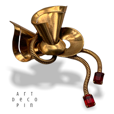 French Retro bow pin dangling fringe ending with 3 faceted ruby red rhinestone, circa 1940s -- Art.914/5