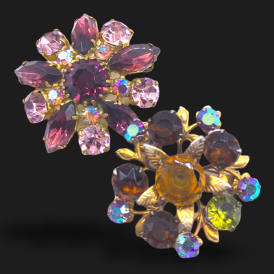 Nostalgic Antique pair of brooches with Glass stones in violet and cyclamen / green and amber colors - dazzling AB stones - Art.121/4
