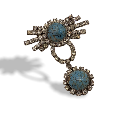 So graceful and sparkling dangle European brooch with limpid clear rhinestones and Turquoise blue Art Glass stones - Art.892/4