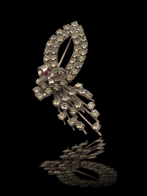 Alluring Art Deco sparkling rhinestone and red ruby baguette Bow/horn of plenty spray Brooch  -Art.216/4-