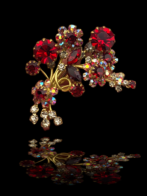 Enchanting beauty 1950s Austrian Layered Floral Spray Brooch with vibrant red crystals and AB chatons -- art.129/5