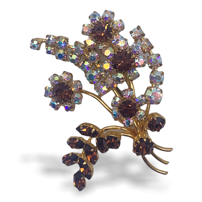 Brilliant Floral Spray AB and topaz Rhinestone Pin - 1950s vintage Austrian in gold tone - Art.494 