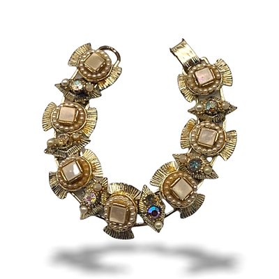 1950s Ancient bracelet - Great design gold,mother of pearl, pearls,crystals -Victorian Revival book chain bracelet-Art.300