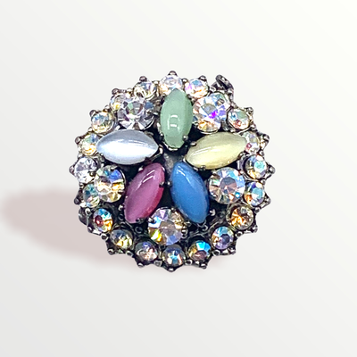 Adorable small goody in pastel sparks - 1950s French pin in domed design whit AB shine and cat's eye stones -art.273/5