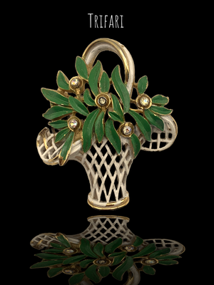 Rare beautiful Crown Trifari White basket Brooch w/green leaves & tiny AB rhinestones - missing original flowers-Art.430/5