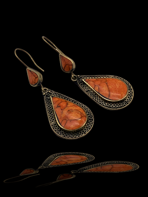 Long dangling genuine Madrepore Earrings - Drop earrings ethnic chic from 1970s - earrings red passionate -- 933/3--
