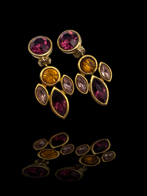 Classy gold tone drop earrings set with amethyst, topaz, pink sapphire  - foil stones with powerful sparkle - art.502/3-SOLD OUT