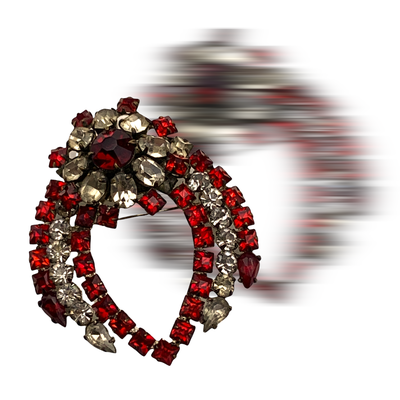 Old European brooch in ruby red and clear diamond rhinestones, elegant shape and blazing stones - super chic brooch-Art.317/5