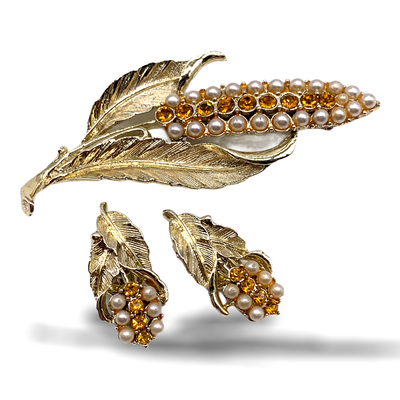 Adorable brooch and earrings set - small pearls & crystals -1950 vintage wheat brooch and earrings clips---Art.982/2