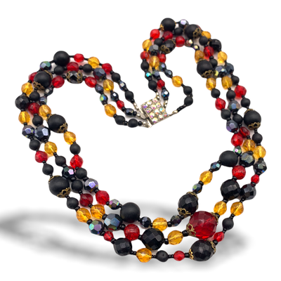 1960 Beautiful 3 Strands cascade necklace, bright crystal beads for an elegant mix of color-Lovely AB crystal clasp - art.699
