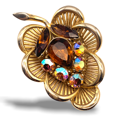 Gorgeous 1950s scalloped leaf beautiful Amber stones and AB Brooch - elegant antique jewelry - Art.860