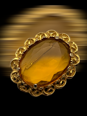 Limpid amber large stone on beautiful English brooch of late 1950s - massive gold toned pin w/Unbacked Crystal--art.589/5