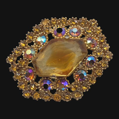Super dazzling 50s Brooch w Poured Glass Stone & sparkling AB rhinestones pave-honey and jonquil brilliant color on gold setting- art.294/6