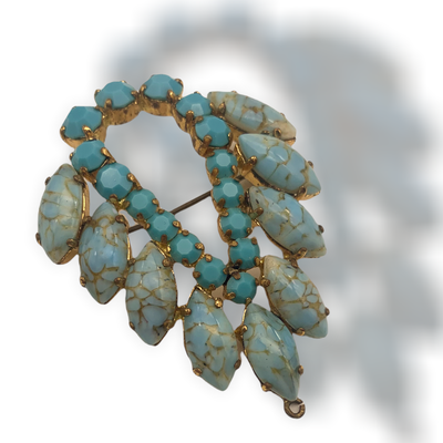 Vintage Art Glass Turquoise Matrix Cabochon Navette Rhinestone drop Brooch or Pendant - Art.407/5