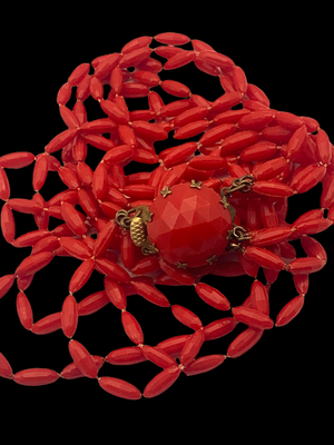 Ravishing Red Multi Strand Lucite Necklace - large grain of rice faceted red beads and lovely round clasp -- Art.341/4