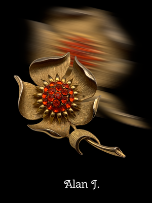 Vintage ALAN J Orange Rhinestone Flower Gold Tone Pin Brooch - art.558/5