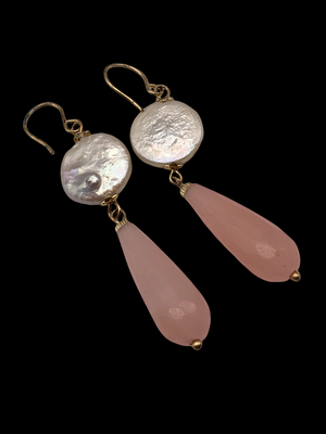 Beautiful Liberty revival dangling Earrings - baroque pearl & genuine quartz rose in goldtone for exquisite design--Art.192/3