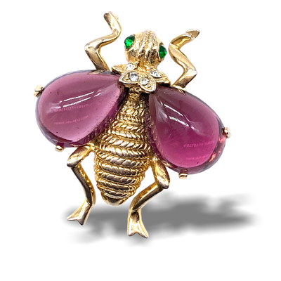 Awesome figural Bee/Fly/Bug insect Brooch w/unfoiled purple stones & clear/green rhinestones set in a bright gold plated setting- Art.245/6