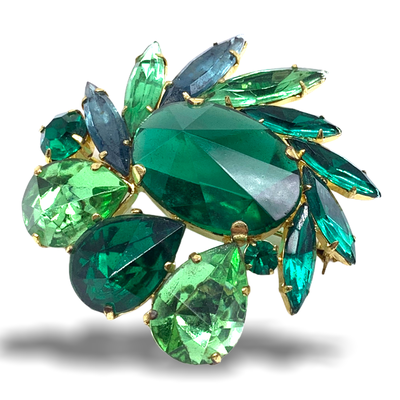 Radiant Greens Rhinestone Pin Brooch in Juliana style whit Reverse stones and bright green sparks -Art.97/6
