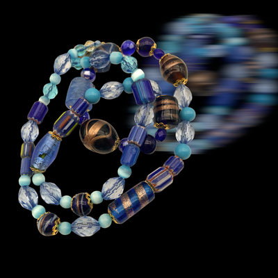 Venetian mixed shaped and color Art Glass beads Opera length necklace with attractive blue palette - Art.192/5