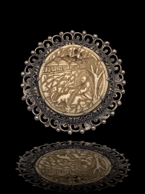 Rare  carved bone Brooch set in magnificent rich silver frame - antique European Victorian  brooch -art.463/4-