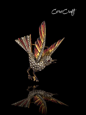 Rare Coro-Craft Sterling Silver Enamel & Rhinestone Bird Brooch Pin circa 1940's - art.833/5