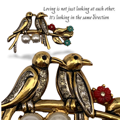 Adorable figurative birds on branch brooch with nest - detailed design with pearls, crystals, enamel and fruit salad flowers - art.907/5