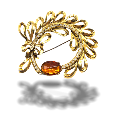 Vintage leaf /feather brooch with clear rhinestones and amber stone - beautiful curvy and airy gold tone design -- Art.123/5